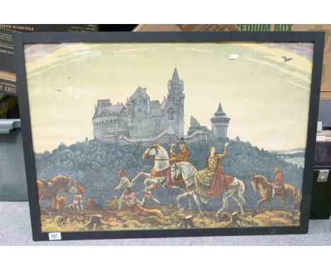 1940's Continental Chromollithograph Original Print Of Medieval Hawk Hunting Party: in original glazed frame, 66 x 92cm 