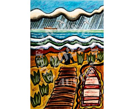 Into the Storm. Acrylic, Gouache, Pen, Crayon. "I consider my art as semi-abstract, portraying exaggerated shapes and colours