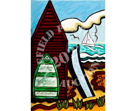 Sail Away. Acrylic, Gouache, Pen, Crayon. "I consider my art as semi-abstract, portraying exaggerated shapes and colours, and