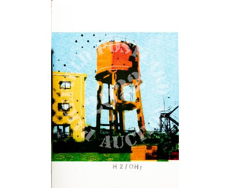 H2-OH. Screen Print (black bits) + Mono Print. H2/OH! is a water tower along the Thames in West London. The print is from a p