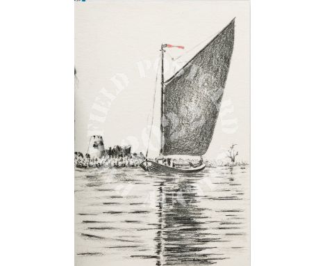 Winter Sail - Wherry Maud. Pencil, pen sketch. In January 2022 I was lucky enough to be able to join a sail on the wherry Mau