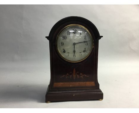 EDWARDIAN INLAID MAHOGANY MANTLE CLOCK, 35cm high, the silvered dial with arabic numerals, two train eight day movement