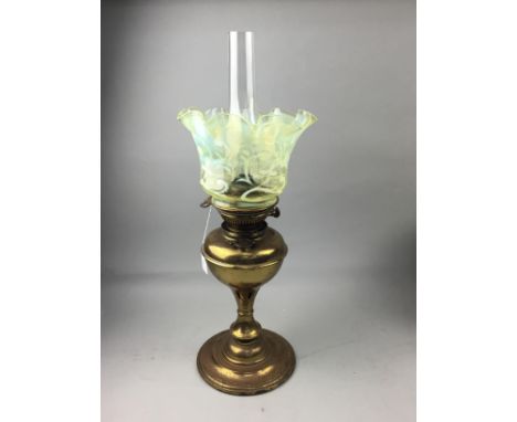 VICTORIAN BRASS OIL LAMP, with vaseline glass shade, 55cm high