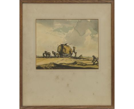 * ROWLAND HILDER OBE PPRI RSMA (BRITISH 1905 - 1993), GATHERING HAY print on paper image size 19cm x 23cm, overall size 41cm 