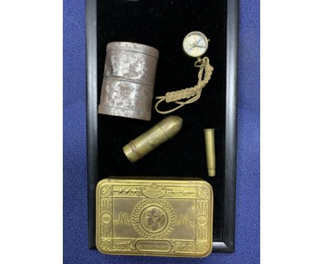 SHELL SHAPED LIGHTER, along with a small compass, Christmas box, bullet pencil and a tin tea box