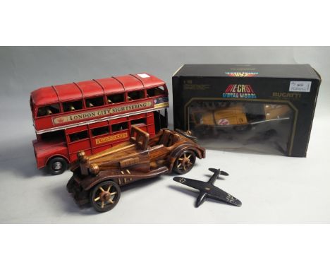 DIE CAST MODEL OF A BUGATTI, along with other toys including a London bus, wooden car and Del Prado collection of military fi