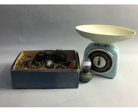 SET OF KRUPS VINTAGE SCALES, along witha Chad Valley telephone and two oil lmaps (4)