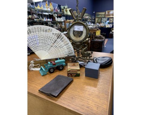 BRASS MOUNTED BAROMETER, along with other items including a Terry's bowls measure, Will's cigarette picture card album and a 