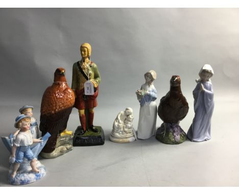 DRAMBUIE FIGURE OF BONNIE PRINCE CHARLIE, along with a Nao figure of a girl, two Beswick Famous Grouse whisky decanters and o