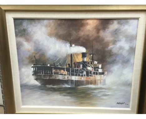 JOHN KELLY (SCOTTISH), STEAMSHIP limited edition print on canvas 68/195, mounted and framed, overall size 90cm x 105cm