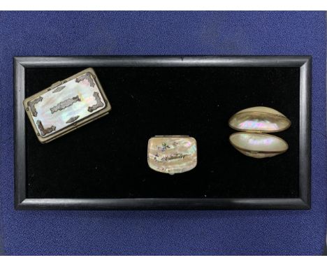 THREE VICTORIAN MOTHER OF PEARL PURSES, along with other boxes, including a horn snuff box,metal snuff box and a small cocksh