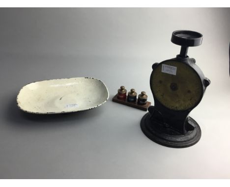 METAL FUEL BIN, with wrought hinges and double handles, a retro needlework table and a set of scales (3)
