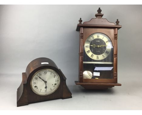 OAK CASED MANTEL CLOCK, and a reproduction wall clock (2)
