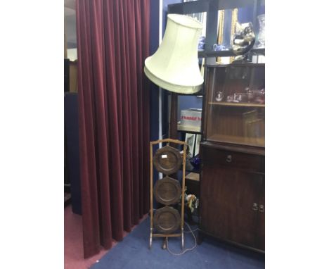 MAHOGANY STANDARD LAMP, with shade, along with a folding three tier cakestand (2)