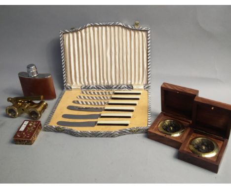 SATCHEEL THERMOMETER, along with a pair of brass opera glasses and other items