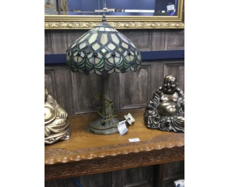 TIFFANY STYLE TABLE LAMP, with leaded glass shade