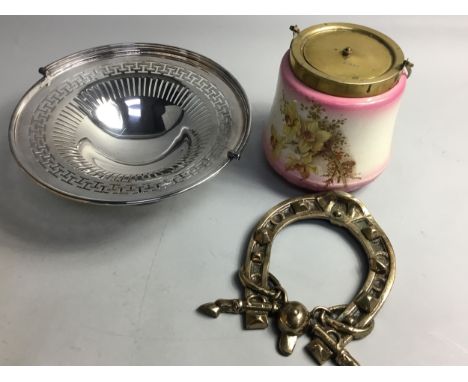 SILVER PLATED COMPORT, along with a silver plated teapot, cream jug and other items