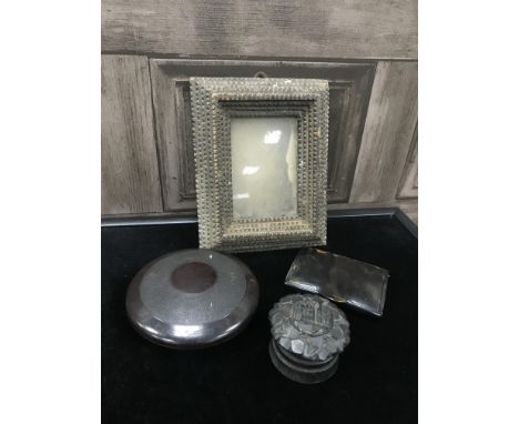 SIMULATED TORTOISESHELL PILL BOX, along with a wooden frame, compact and a pill box
