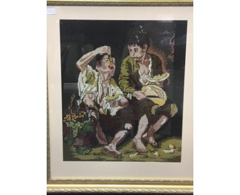 WOOLWORK TAPESTRY, depicting two boys after Maurillo, also a limited edition print after William Russel Flint, and other pict