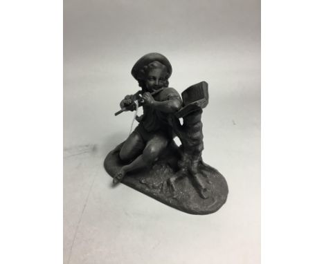 PAIR OF COMPOSITE VASES, 20cm high, along with a similar figure of a boy playing a flute and a mantel clock (4)