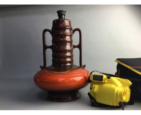 LARGE GREEN POTTERY TABLE LAMP, along with a Bush video camera (2)