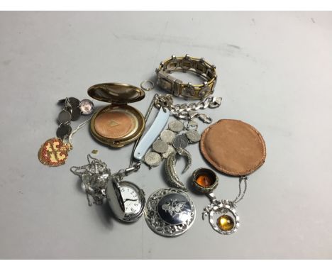 SILVER BROOCH, depicting a deity, along with other brooches, bracelets, a compact and a pendant