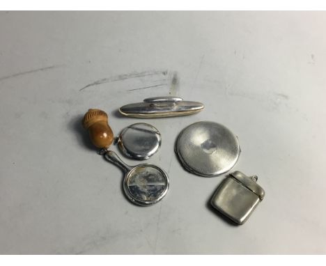 LATE 19TH CENTURY VESTA CASE, along with a nail buff, thimble in acorn shaped case, mirror and compact