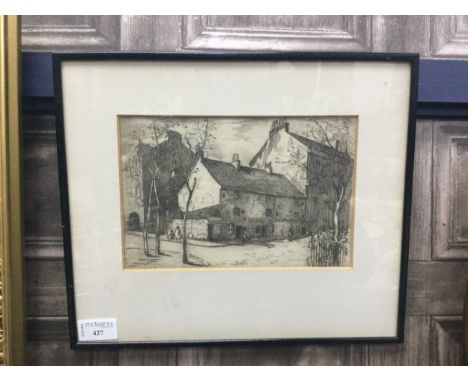 SUSAN F. CRAWFORD, THE TOWN CROSS etching, signed in the plate, mounted framed and under glass, 28.5cm x 33.5cm overall