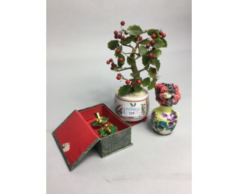 MINIATURE PLANT IN CERAMIC POT, along with a miniature cloisonne vase and a set of two boxed novelty crickets (3)