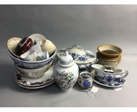 BLUE AND WHITE SOUP TURREN COVER AND STAND, along with other British and Continental ceramics, including a crock a vase and c