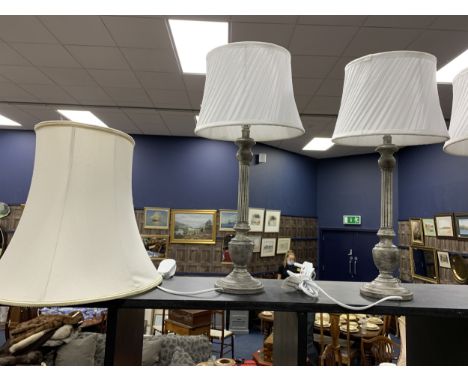 PAIR OF BRASS TABLE LAMPS, with shades, along with another brass table lamp and three other modern table lamps (6)