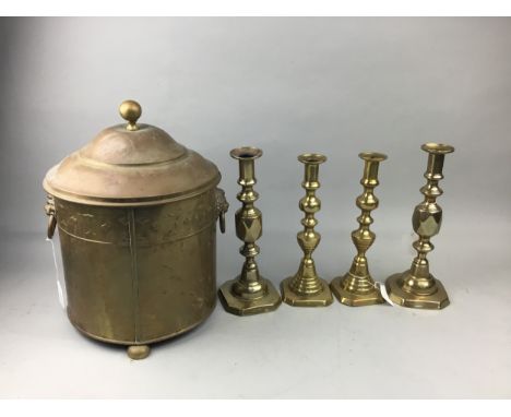 TWO PAIRS OF BRASS CANDLESTICKS, tallest pair 30cm high, along with a brass fuel bin, copper teapot, teapot warmer, silver pl