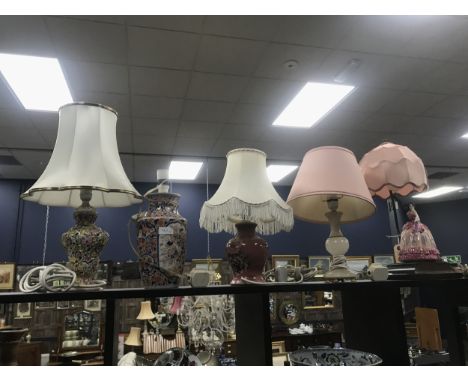 DENBY TABLE LAMP, with floral decoration on a pink ground, with shade, along with a figural table lamp and three other table 