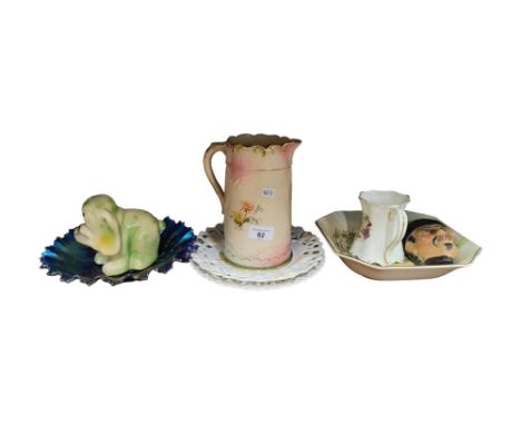 SHELF LOT OF PLATES, JUGS ETC 