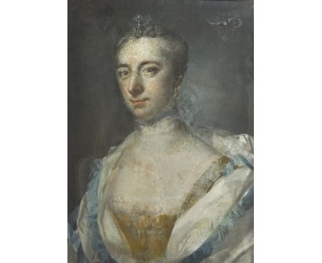 Circle of Francis Cotes (1726-1770) British. Portrait of a Lady, wearing a Blue and White Ribbon Choker and Ornate Headdress,