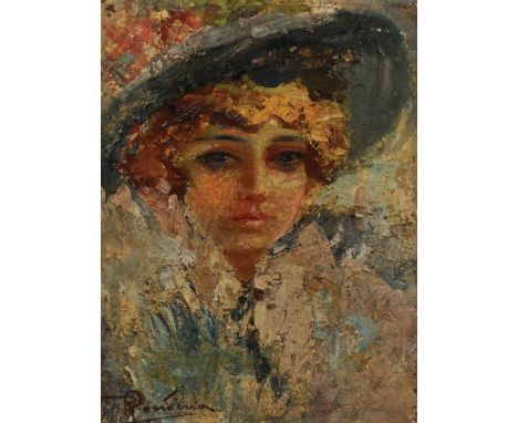 Rondina (20th Century) Italian. Portrait of an Elegant Young Lady, Oil on Unstretched Canvas, 8.5" x 6".