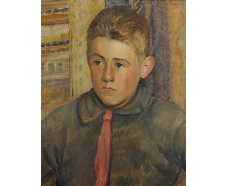 Raymond James Coxon (1896-1997) British. "Sylvanus", Portrait of a Boy wearing a Red Tie, Oil on Canvas, Signed, and Inscribe