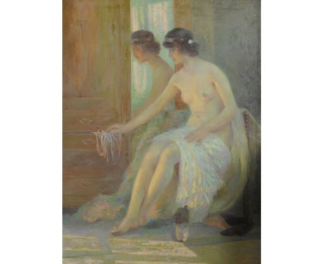 Suzanne Daynes-Grassot (1884-1976) French. "Rubans (Ribbons)", a Seated Semi Naked Girl, Holding Ribbons with a Mirror behind