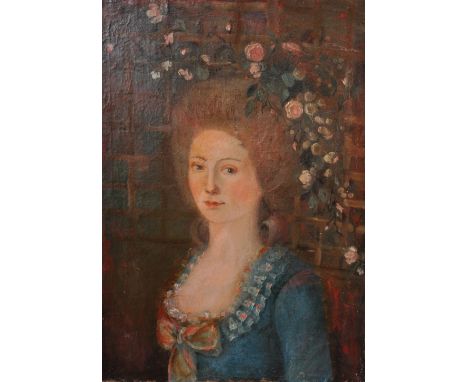 19th Century French School. Portrait of a Wigged Lady, wearing a Blue Dress, and surrounded by Flowers, Oil on Canvas, Unfram