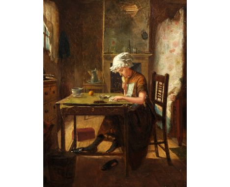 19th Century English School. A Cottage Interior with a Young Girl Playing Patience, Oil on Canvas, 14" x 12".