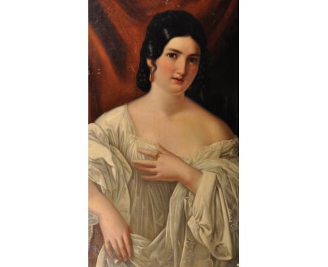 19th Century Spanish School. Portrait of a Lady, wearing a White Robe, and Coral Earrings, Oil on Canvas, Unframed, 34.25" x 