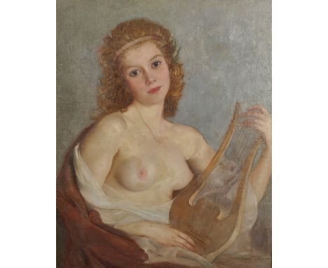 Maria Szantho (1897-1998) Hungarian. Study of a Semi Naked Lady Playing a Lyre, Oil on Canvas, Signed, 33.5" x 27.75".