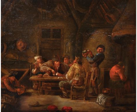 Attributed to Pieter Verelst (c.1618-c.1678) Dutch. Figures in a Tavern playing Cards, Oil on Panel, Inscribed on a label on 