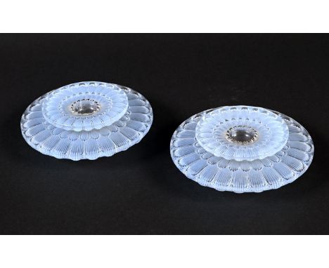 PAIR OF LALIQUE CANDLESTICKS - DAHLIA a pair of glass candlesticks in two sections, with blue stylised flower petals in repea