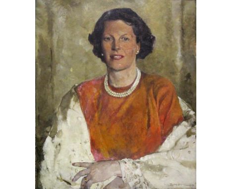 •SYDNEY SEYMOUR LUCAS (1878-1954) PORTRAIT OF SHEILA DE QUINCEY Half length, wearing a vermilion dress and an ivory shawl, si