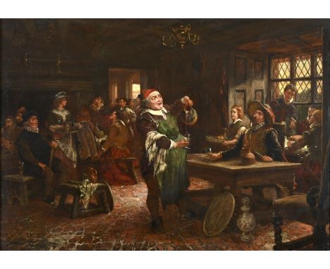EDGAR BUNDY, ARA (1862-1922) A TAVERN INTERIOR, WITH A CAVALIER REQUESTING A DRINK Signed, oil on canvas 68.5 x 96.5cm. Exhib