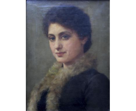 FRANK MARKHAM SKIPWORTH (1854-1929) PORTRAIT OF MISS MABEL MILLETT (1867-1951) Bust length, wearing a dark dress and fur stol