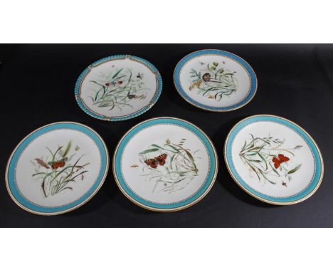 ROYAL WORCESTER CABINET PLATES 5 various Victorian plates, one painted with butterflies and insects and with a gadrooned bord