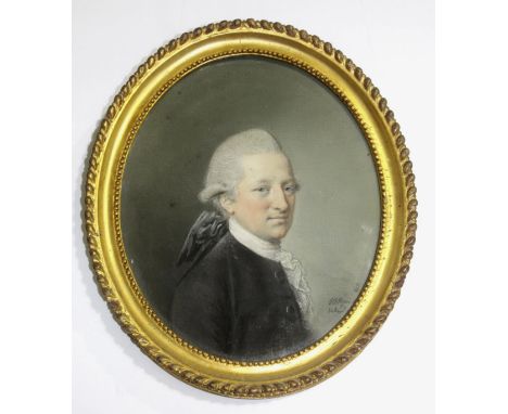 HUGH DOUGLAS HAMILTON (1740-1808) PORTRAIT OF A GENTLEMAN Bust length, wearing a dark coat, lace cravat, his hair en queue or