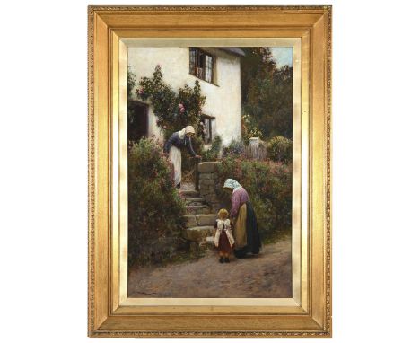 JOHN WHITE (1851-1933) THE RIVAL GRANNIES, AXMOUTH Signed and dated 1910, oil on canvas 90 x 59cm. ++ Good condition; very sl